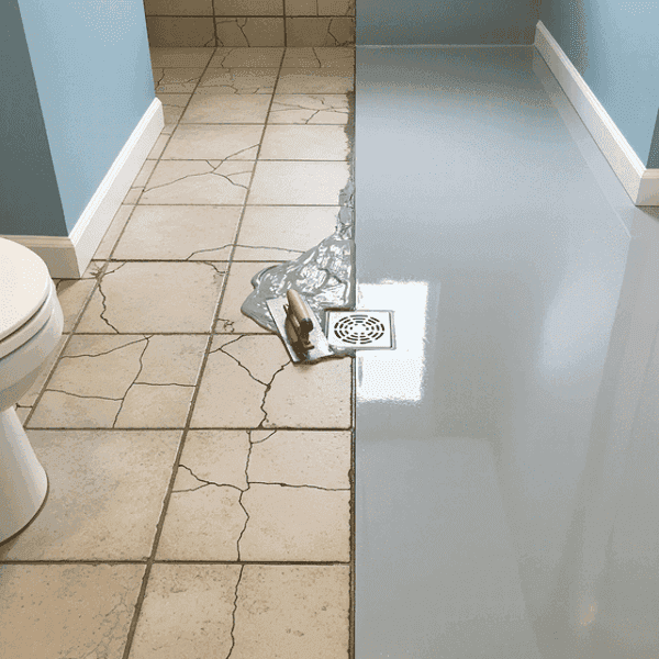 Sol de salon en résine époxy, recouvrant l'ancien carrelage, fait pour un particulier. La résine époxy est une excellente alternative au carrelage